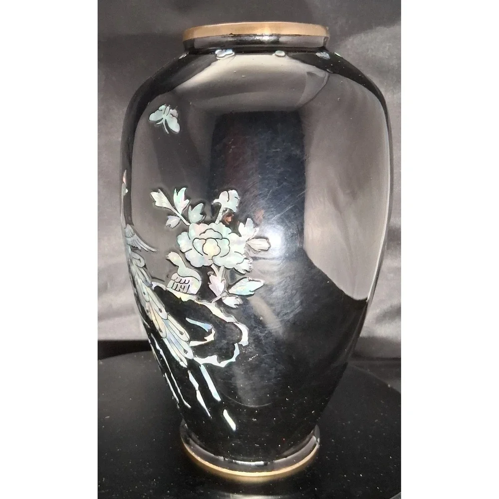 Vintage Brass, Black Enamel Mother of Pearl Inlay Peacock Vase Brass Trim 7.25in
